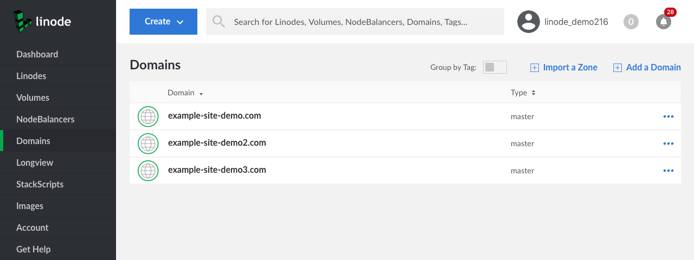 This page shows the Domains page with three different domain zones listed.