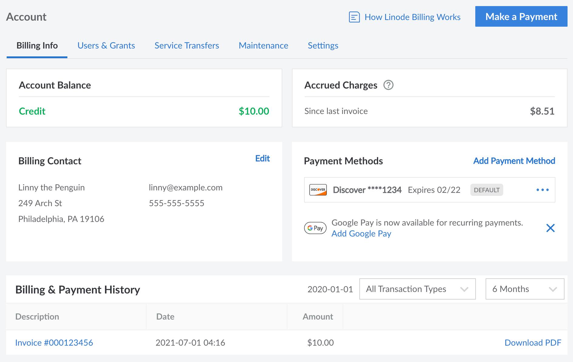 The Billing Info page showing an example customer with a $24 negative balance and $9 of accrued charges.