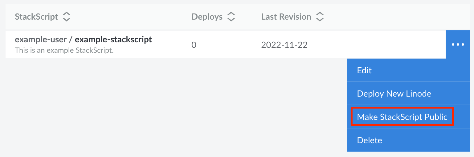 Screenshot of the make public button for a StackScript